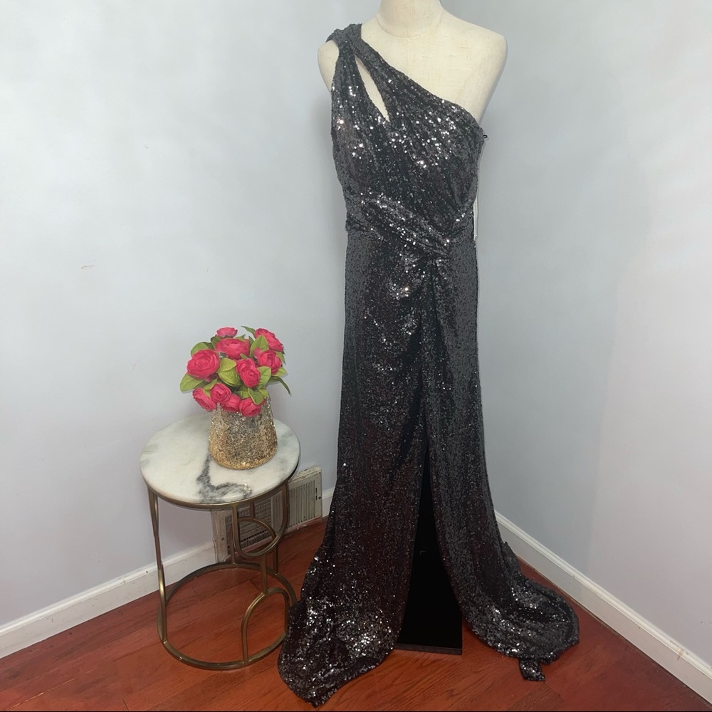 # Rene Ruiz Collection Gunmetal Color One Shoulder Sequined Gown With High Slit
